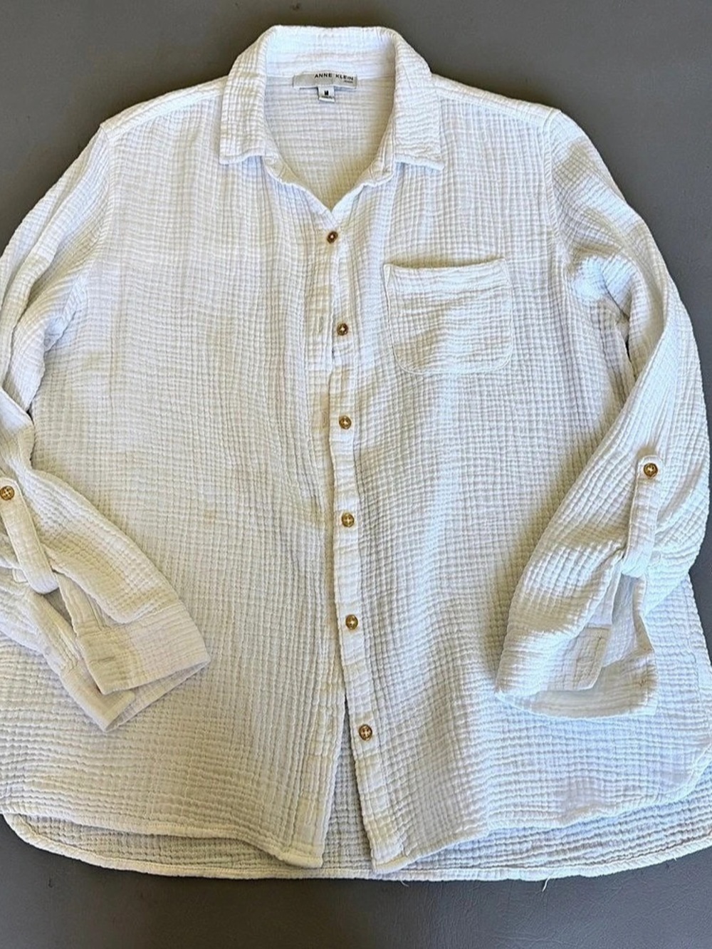 Anne Klein Jeans Lucille Women’s M White 100% Cotton Gauze Roll Tab Button Down